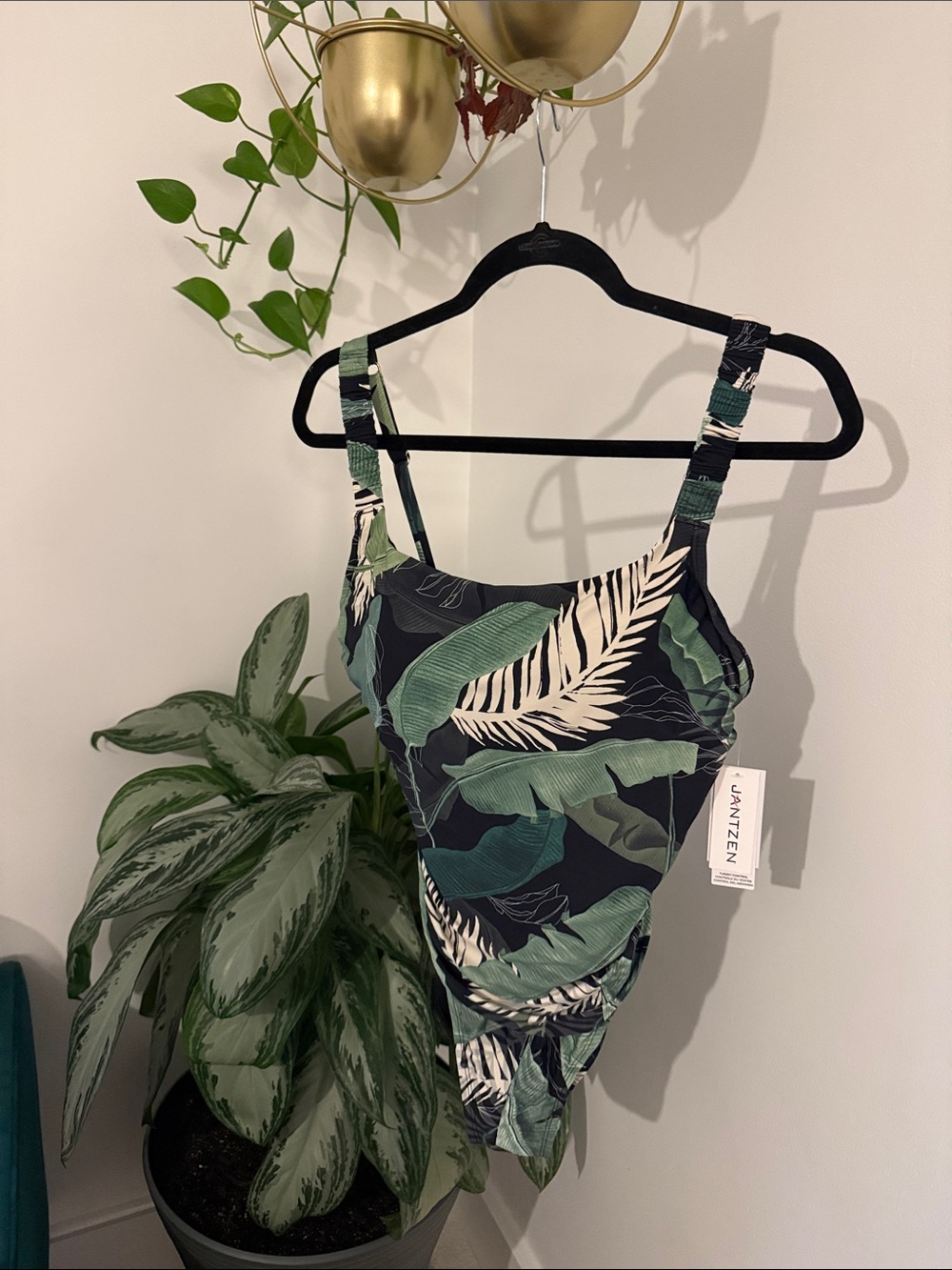 Green and Block Tropical Palm Design One-Piece TummyControl Swimsuit